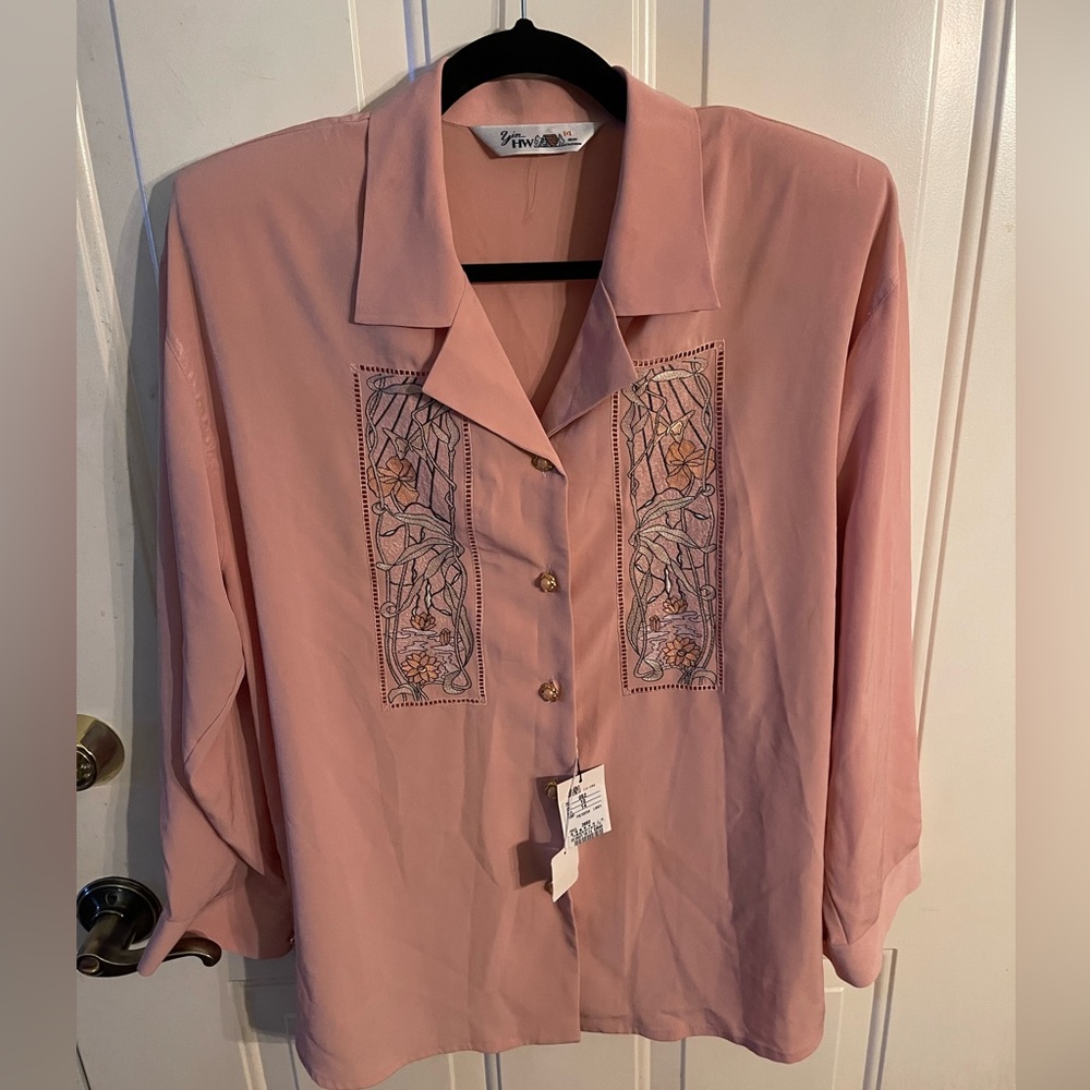 Yin HW Pink Collared Polyester Shirt with Embroidery Detail